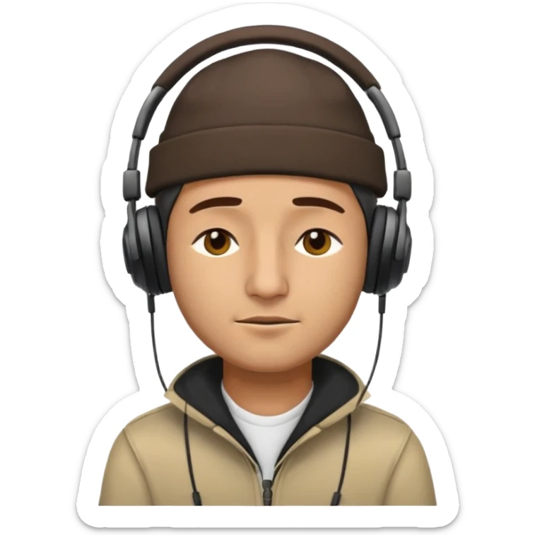 Half body man wearing topi and headphones, eyes closed, realistic emoji style. sticker