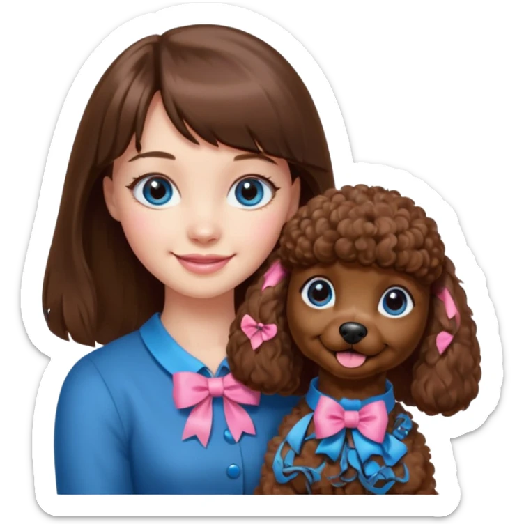 dziewczyna, długie brązowe włosy z grzywką i niebieskie oczy trzyma na rękach brązowego pudelka z różową kokardką sticker