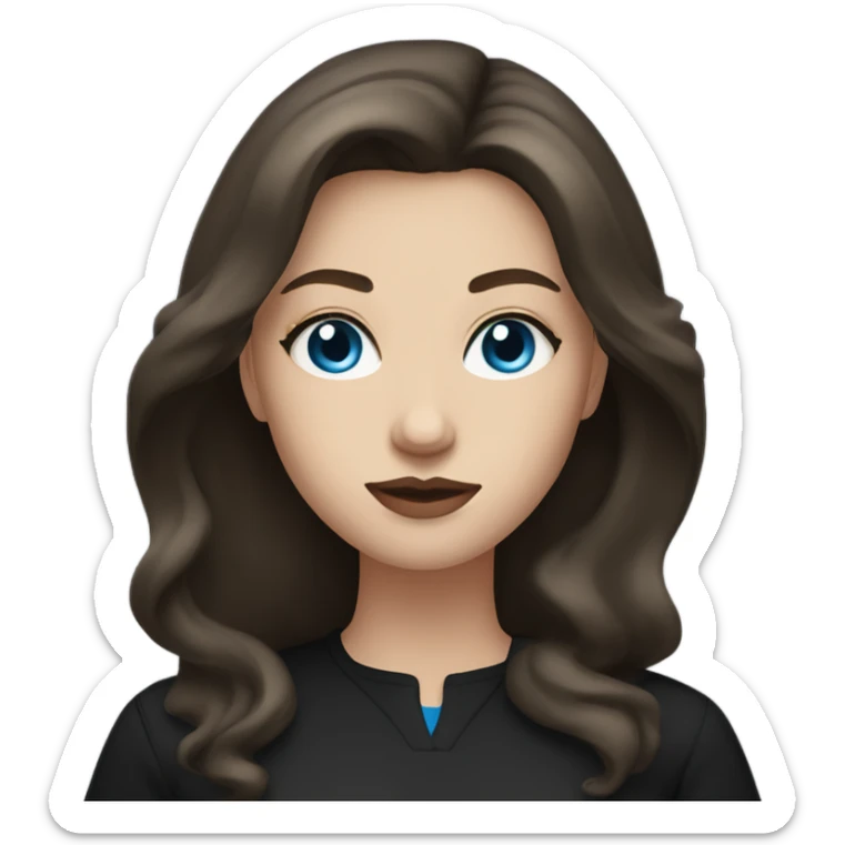 white woman with long mid hair, dark brown hair, blue eyes, round face, uni-lips, wearing a black outfit, stylish. sticker