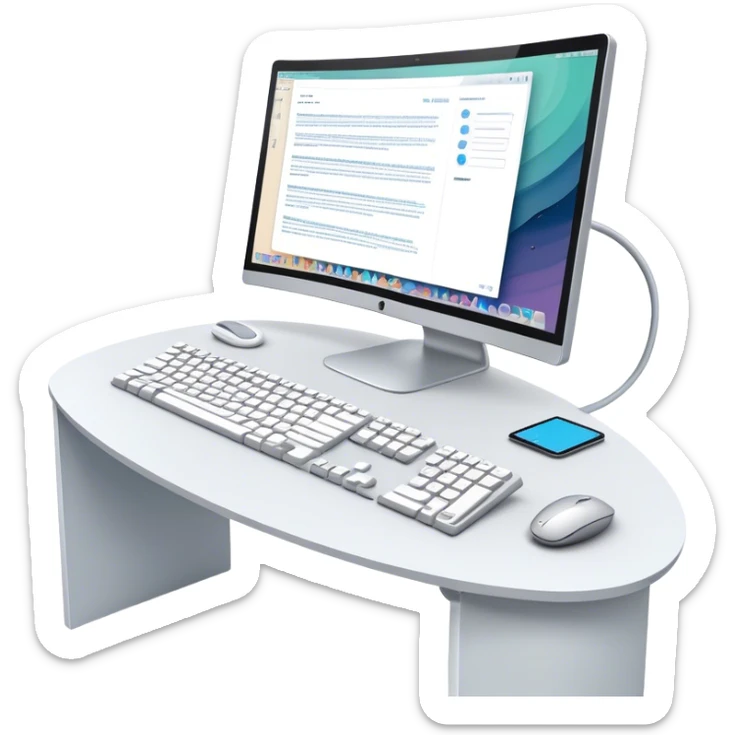 Create an emoji for UX/UI design. Large curved monitor, displaying UX/UI design interface. Include a mouse, keyboard, and stylus, symbolizing the design process. Use modern, professional colors. Do not include any emojis or smiley faces. Make the background transparent. sticker