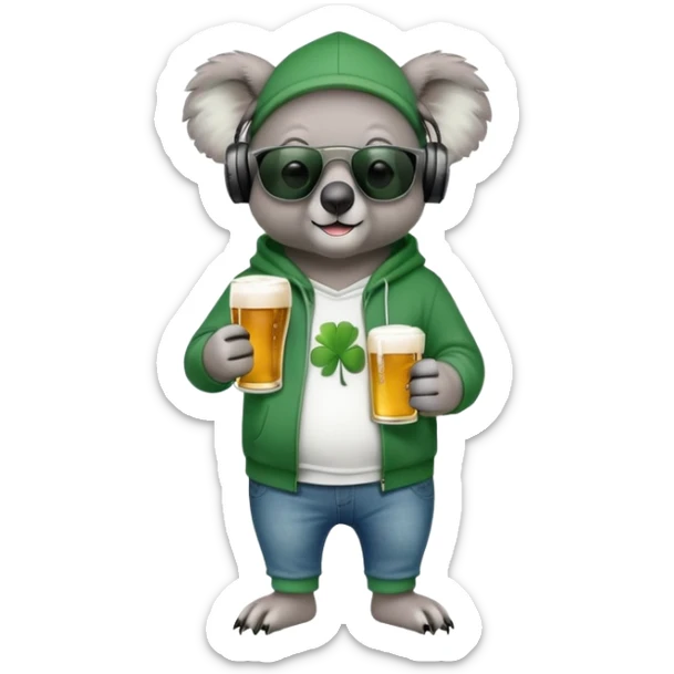 anthropomorphised koala, full body, wearing a hoodie and jeans, dark sunglasses, headphones, dressed for St. Patrick's Day sticker