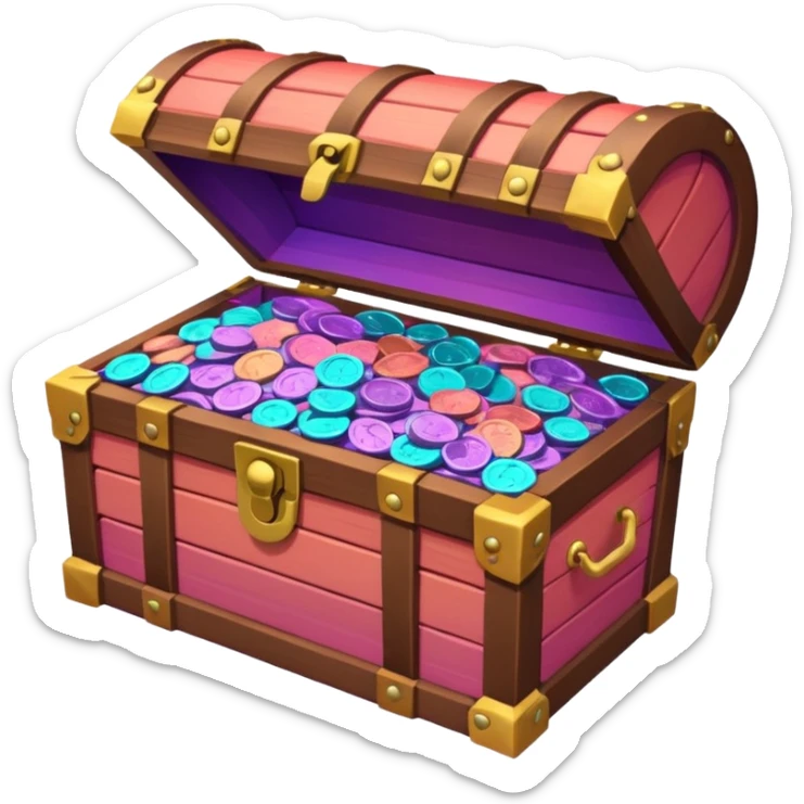 wooden brown treasure chest filled with  coins 
Change coins color in in gradient of turquoise, blue, pink, purple, and coral sticker