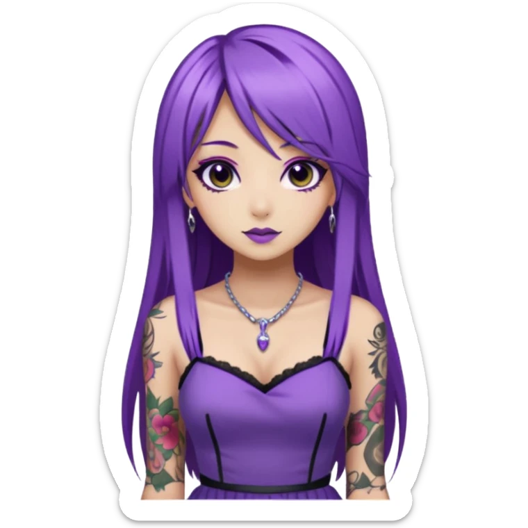 hime gyaru girl, long straight purple hair, tattoos, dark makeup sticker