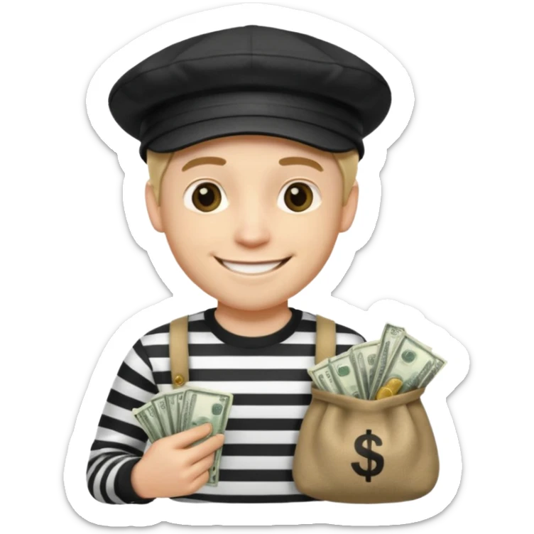 robber with 4 lines of black and white striped shirt and he has a money bag in his hand and a robber hat and he is smiling and he is white sticker