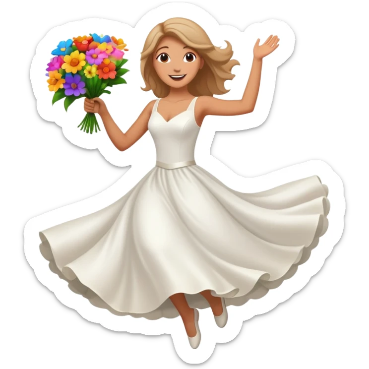 White woman, white wedding dress, happy, jumping, flowers, dreamy, colorful sticker
