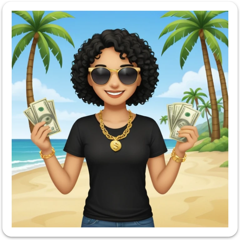 Mixed-race person with curly hair smiling, wearing black t-shirt, necklace and sunglasses, holding dollar bills in both hands, at beach with palm trees sticker