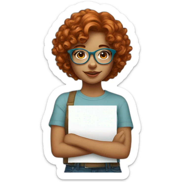 pretty girl with curly copper hair and blue glasses holding a big banner sticker