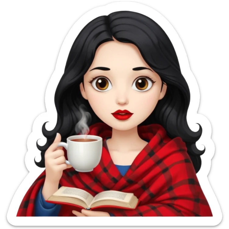 Long wavy Black haired, white skinned, dark big eyed girl with red lipstick wrapped in a blanket, sipping tea and reading a book sticker