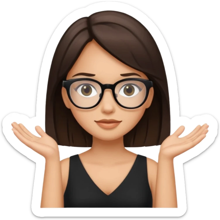 a cute white brunette girl in a black dress wearing glasses  with two hands  sticker