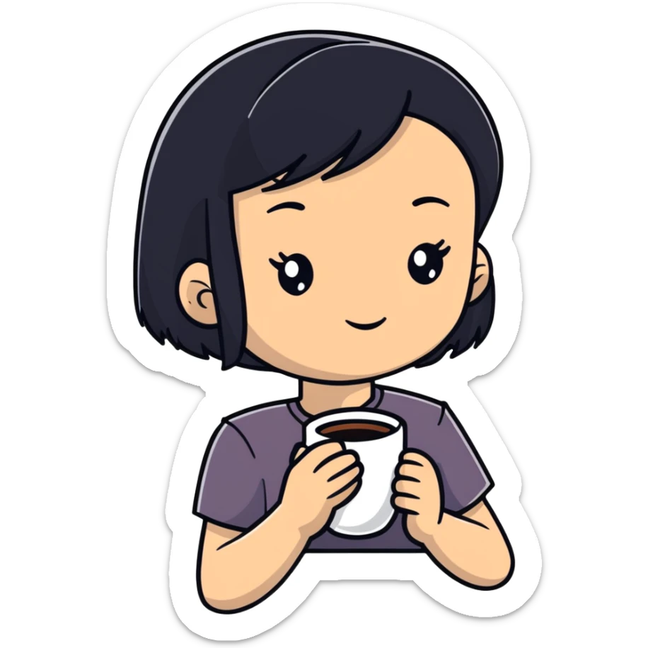 White girl with black hair with a cup of coffee sticker