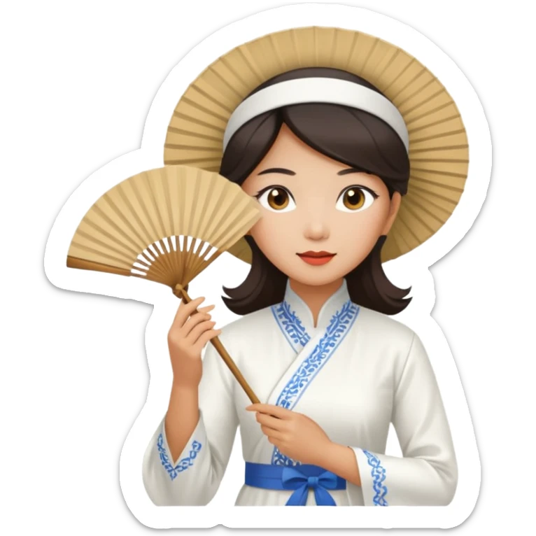 a vietnamese woman wearing a white ao dai holding a folding fan elegantly, wearing a nón lá sticker