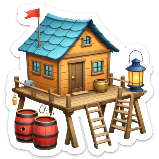 
fisherman house on a wooden pier, small dock, fishing nets hanging, barrels, lantern, ocean vibe, 3D cartoon, cute mobile game icon, clean background, no text
 sticker