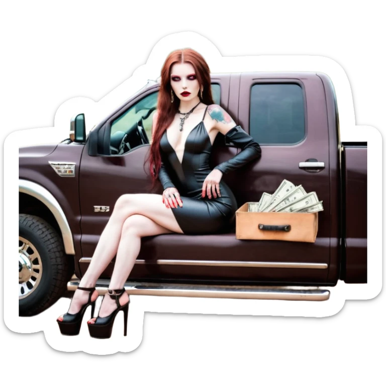 Lilith model red eye seductress evil long brown haired sexy succubus woman with leather long dress with slit, sitting in Big Large F350 pickup truck. Black Platform high heels on feet. Tattoo sleeve arms, seat full of stacks of cash, and a man dead human skull of her enemies and a gun in other hand sticker