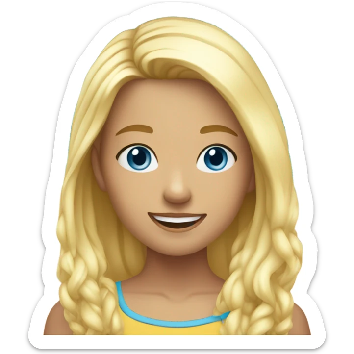 A young girl with blue eyes and blonde hair smiling standing in front of the beach sticker