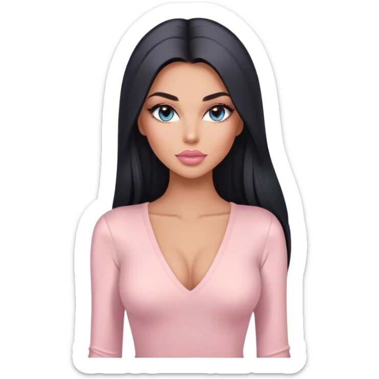 Glamours, tanned, very beautiful girl, with big pump peach-beige-rose lips, long long lashes, black straight smooth silky long hair, straight parting hair, blue-grey eyes in light pink long-sleeves v-neck bodysuit sticker