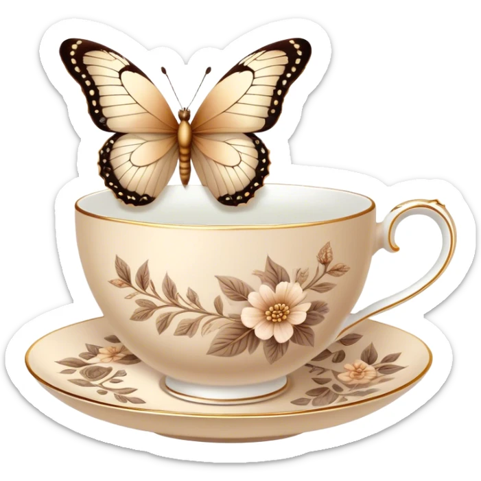 A delicate butterfly with pastel beige  wings, resting on the edge of a perl porcelain teacup adorned with intricate brown floral patterns. sticker