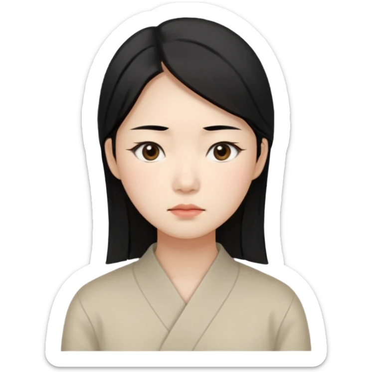 Korean woman, East Asian features,
female human face avatar, headshot,
slightly uncomfortable expression,
subtle frown, tired eyes,
sensitive and delicate mood,
neutral face, minimal expression,
simple black hair,
clean background,
professional, minimal style sticker