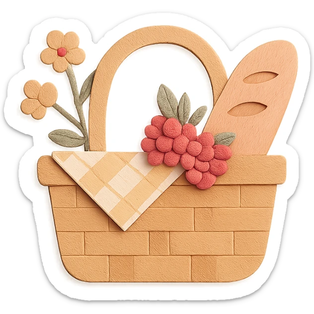 a picnic basket with berries, bread, and flowers, warm pastel shades, paper craft style sticker