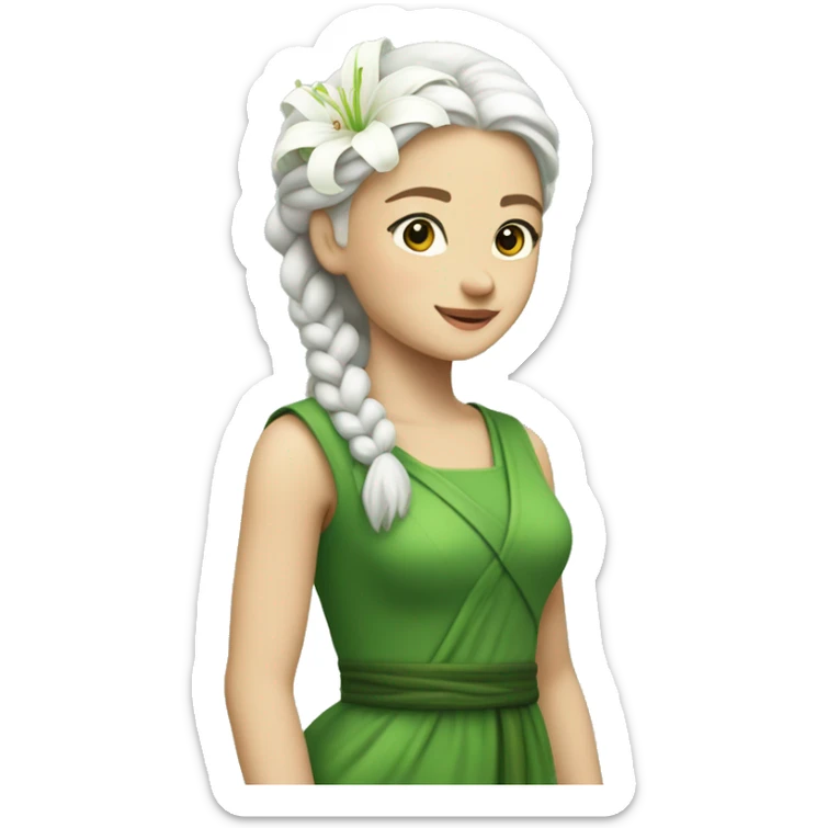A white hair girl with a big braid and a white lily on the top left of the hair,a green dress made by lily leaves sticker