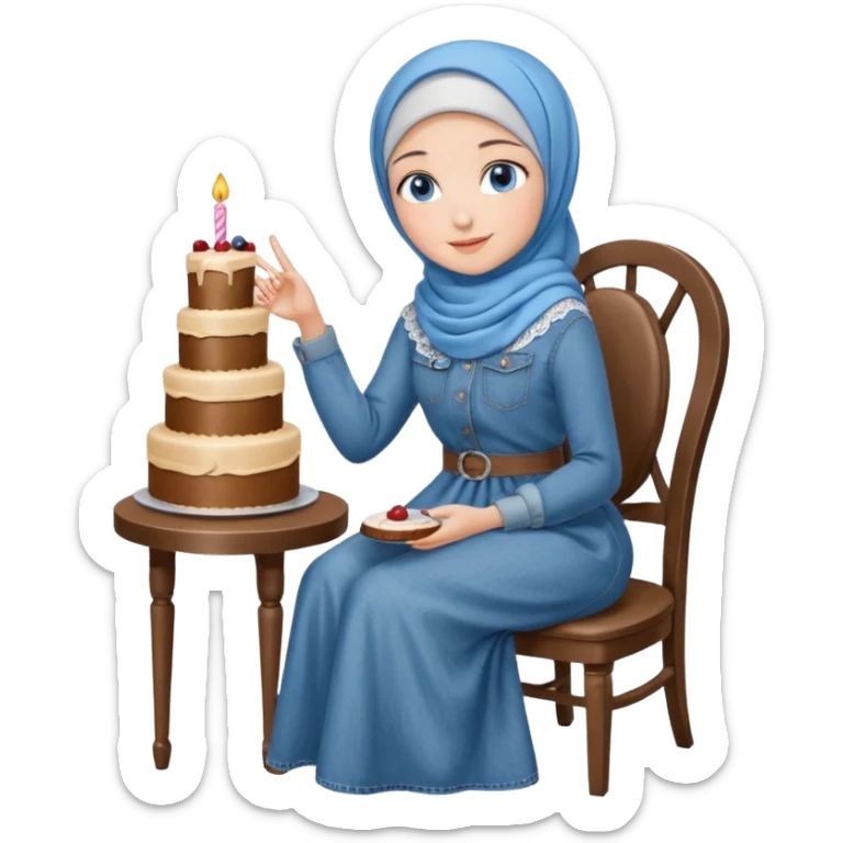 Turkish beautiful finish Konya girl blue eyes with denim hijab long tail dress and sits on the chair and holds cake with her hand  sticker