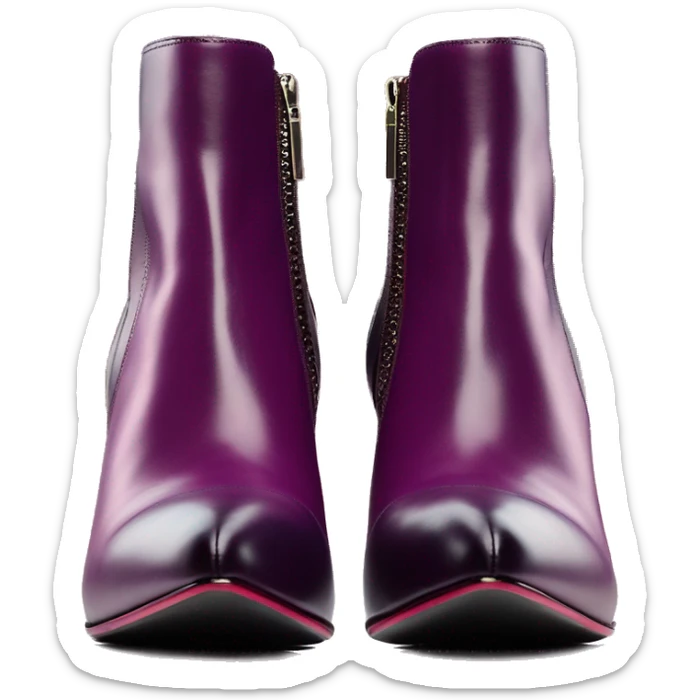 Realistic isolated top view of a plum purple to wine color ombre Jimmy Choo stiletto zippered ankle bootie boots.  sticker