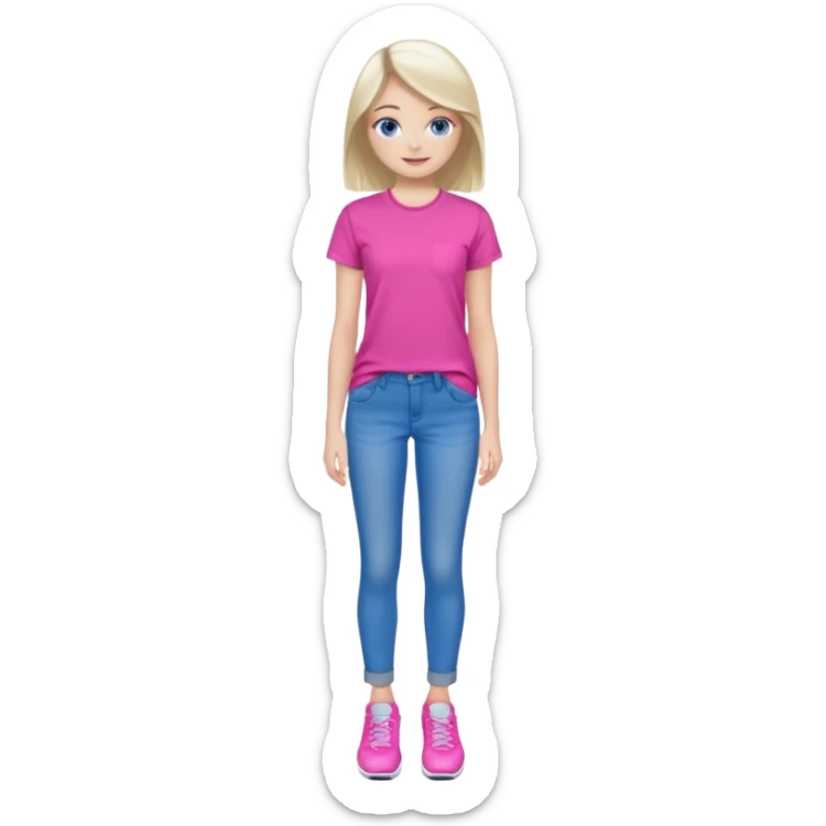 beautiful girl with fair hair, blue eyes, in a vivid pink shirt, grey jeans and white trainers sticker