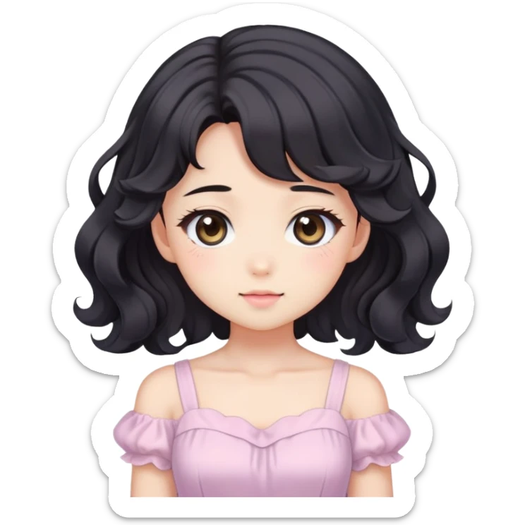 Cute kawaii anime lady with beautiful black wavy hair wearing a gorgeous soft feminine pastel dress sticker