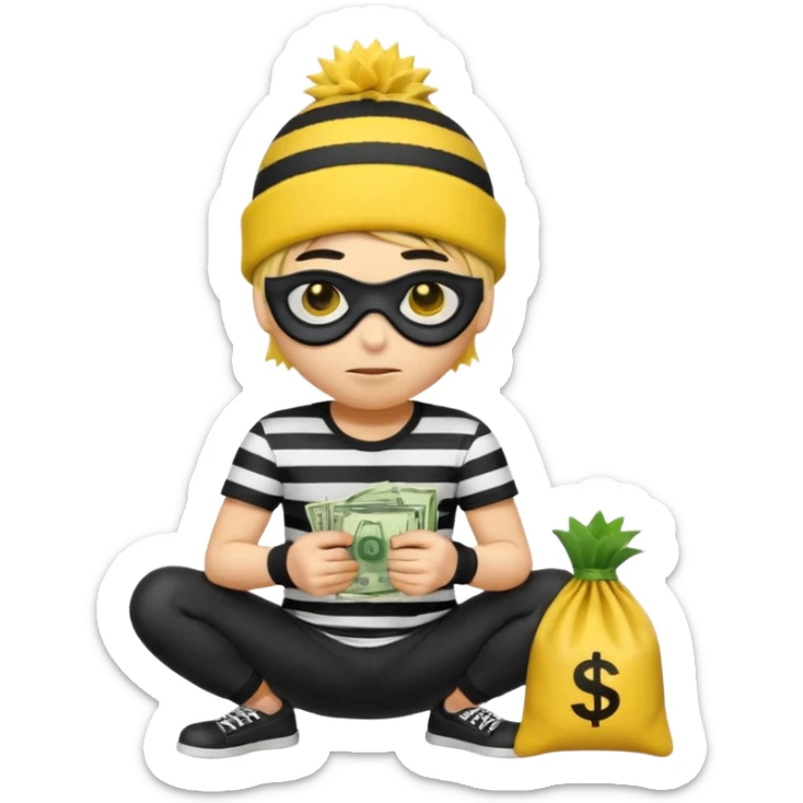 An Apple style rubber emoji is wearing a black beanie and has yellow hair that is spiky but flat hanging out from under it and the robber is wearing a striped shirt and has yellow skin and black eye mask. He also has the money back over his shoulder and is sort of crouching. sticker