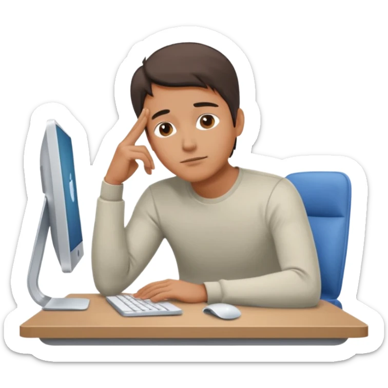 emoji of a man sitting at the table with an imac on it, a man is sitting in a very thoughtful pose, he has his hands on the table and his head resting on them sticker