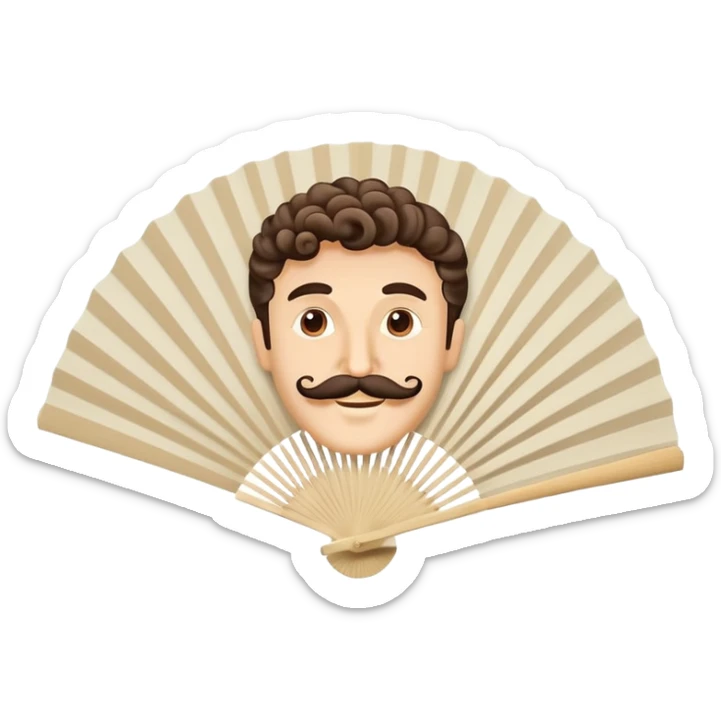 Paper hand fan with Italian man face with curly mustache printed on the fan surface sticker