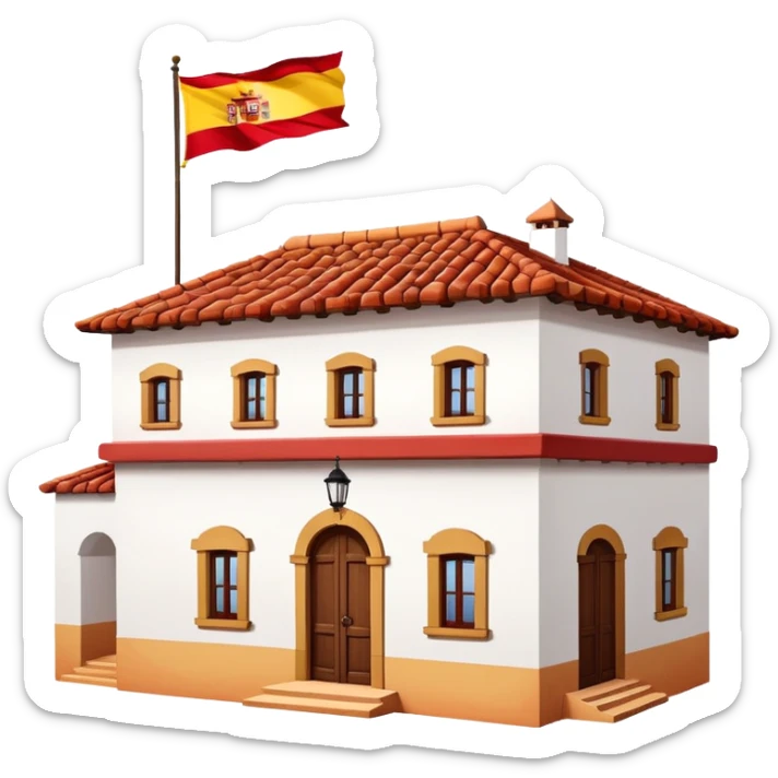 Traditional Spanish hacienda with white walls, terracotta roof, with Spanish flag (red-yellow-red horizontal stripes) hanging prominently from the front sticker