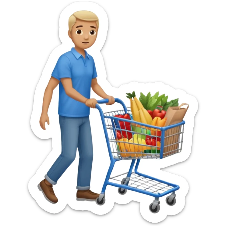 full body of a man pushing a shopping cart inside a supermarket sticker