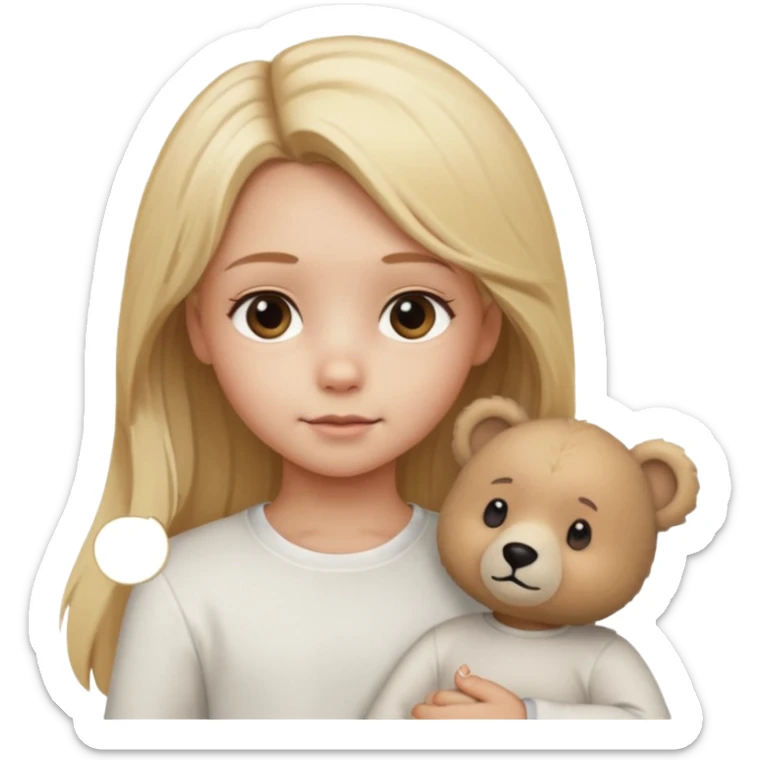 Blonde little girl, long hair, white long sleeve, with beige bear sticker