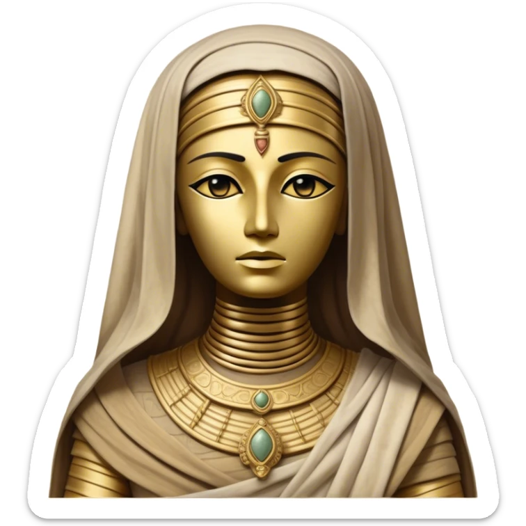 Cinematic Noble Mummy Portrait Emoji, Regal and timeless, with a meticulously wrapped, ancient form in muted earth tones accented by faded gold, exuding an air of forgotten majesty and solemn duty, simplified yet elegant with intricate bandage details, highly detailed and softly glowing, evoking the dignified mystery of an eternal sentinel guarding long-lost secrets! sticker