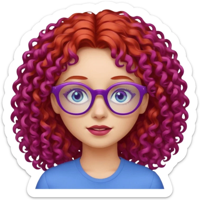 Red curly hair girl with purple glasses and blue eyes sticker