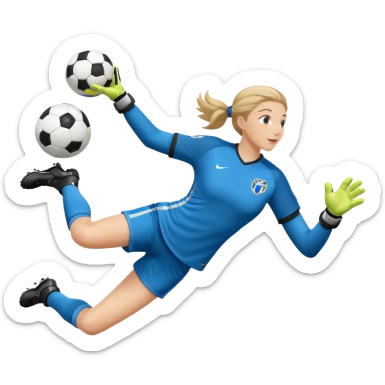 make a girl goalie diving through the air sideways with one soccer ball in her hands  sticker