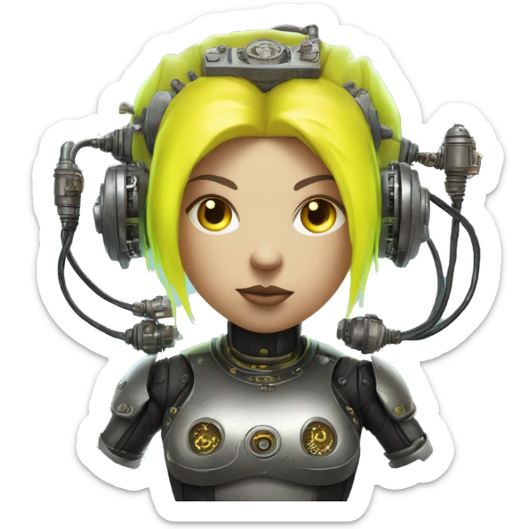 Fat Caucasian female cyborg head with Neon yellow bobbed hair, silver steampunk goggles and circuits sticker