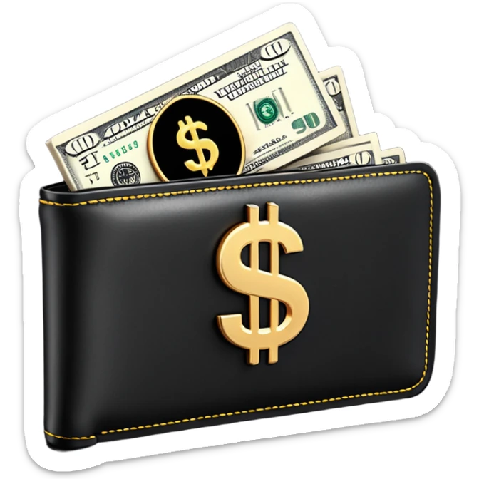 Rich emoji style black leather wallet with dollar bills, luxury money vibe, premium 3D emoji, ultra clean, high detail, no background
 sticker
