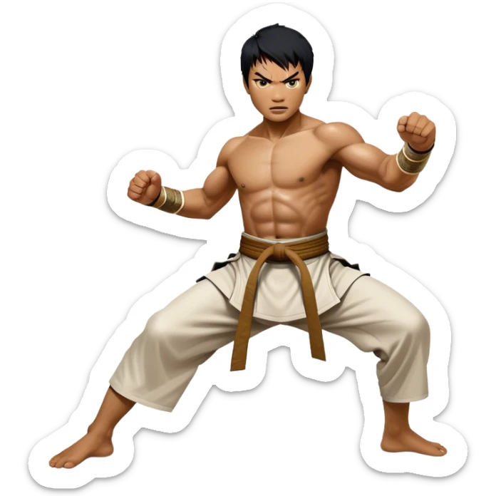 Tony Jaa – Cinematic Realistic Portrait of Tony Jaa, depicted as a dynamic martial arts warrior with intense eyes and a powerful stance in traditional Thai fighting attire, rendered in mid-motion with dramatic lighting and high-detail textures that capture his raw physicality and grace. sticker