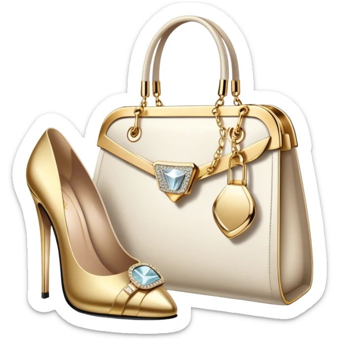 A photorealistic icon featuring luxurious fashion accessories like a high-end handbag, elegant high heels, a sparkling diamond necklace and a stylish pair of sunglasses. The design includes gold accents, purfume, and glamorous textures, fashion, and VIP luxury. Transparent background sticker