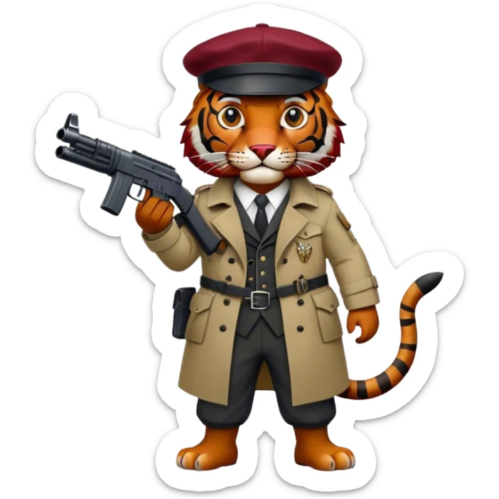 Black and dark red tiger wearing trench suit with Scottish cap and holding a SMG sticker
