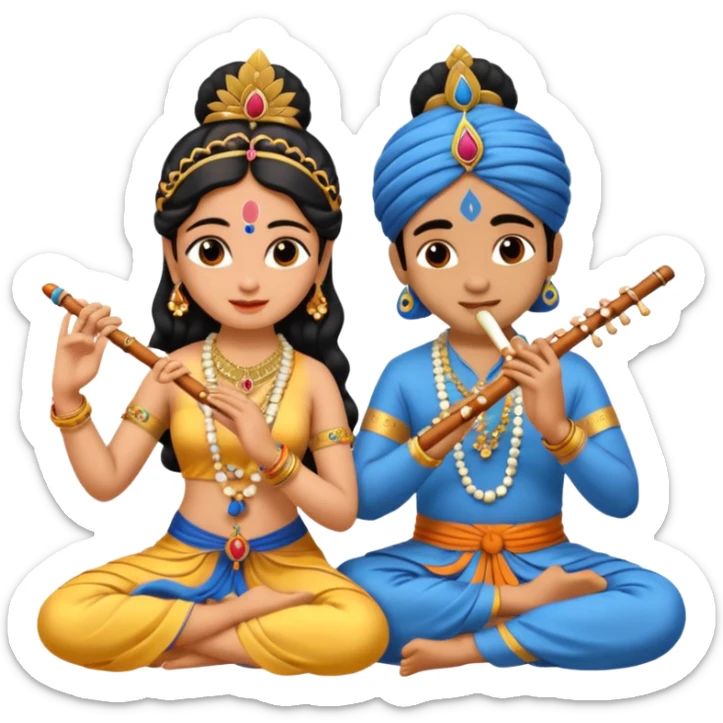 Radha and Krishna emoji, sitting together, Krishna playing flute, Radha listening, traditional Indian clothing sticker