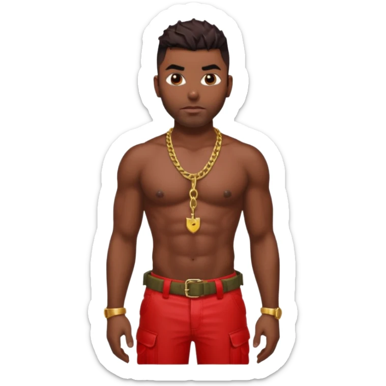 Ginuwine with dark brown hair, shirtless with necklace, latex red cargo pants sticker