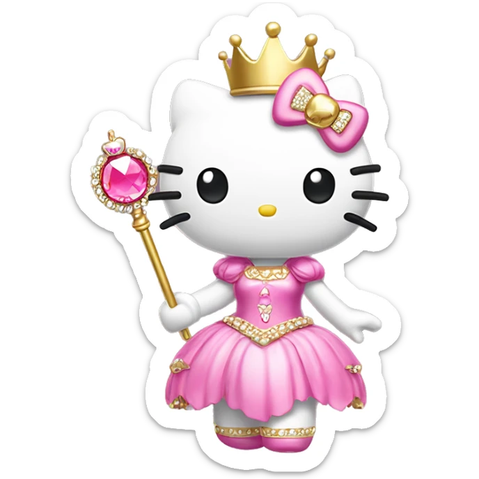 Hello Kitty wearing a pink princess dress with a gold magic wand in her hand and a gold tiara on her head with pink stones sticker