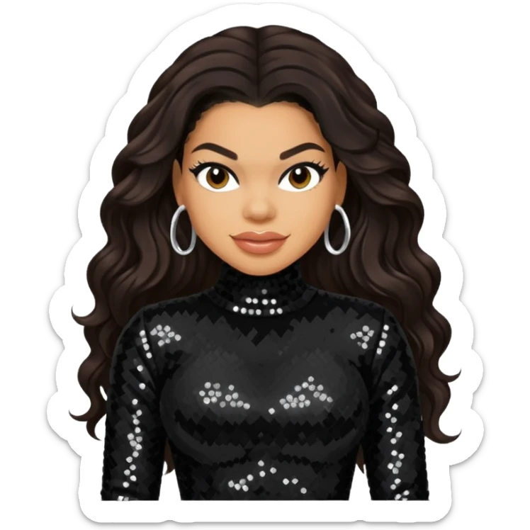 Jordin Sparks with long dark brown hair, black sequin outfit sticker