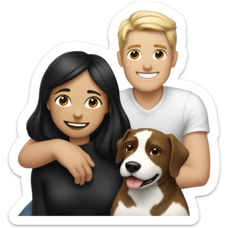 girl with white skin and black hair sitting next to tan guy with black hair smiling with a black and white dog and a brown dog  sticker