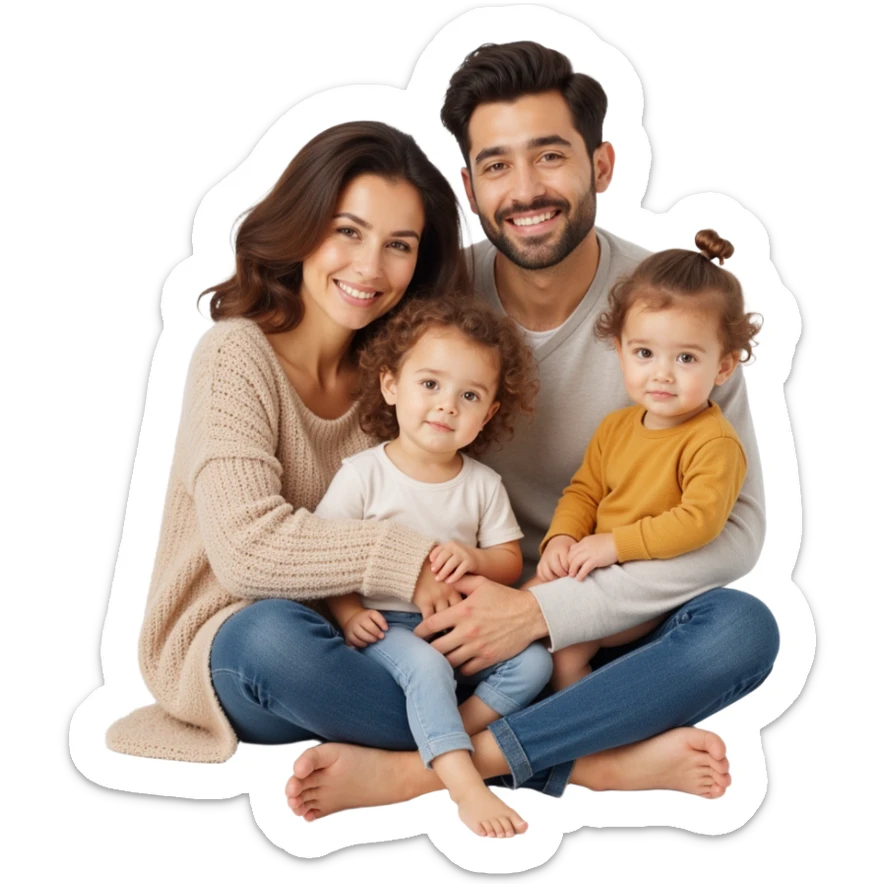 family photo with parents and three children posing closely, detailed lifelike features, soft neutral background, skeuomorphism style sticker