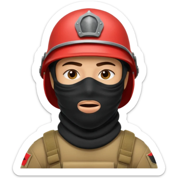 
an Iraqi soldier with a serious face, wearing a helmet and a balaclava covering his mouth sticker
