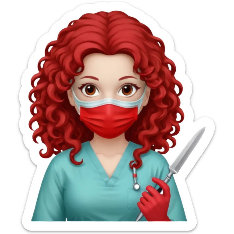 Lilith symbol seductress long curly hair evil surgeon.  brown hair. Red surgical mask and hair covering. She works for cartel and kills  with a scalpel. sticker