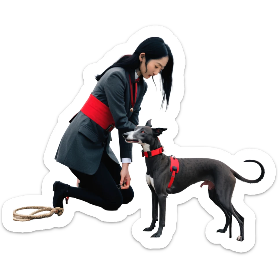 A very beautiful and attractive 25-year-old Japanese woman with long flowing black hair gently petting a SOLID DARK GREY whippet wearing a bright RED COLLAR on a beach at night under a starry sky. The woman's hand is lovingly stroking the whippet. The whippet MUST be COMPLETELY SOLID DARK GREY with ABSOLUTELY NO WHITE MARKINGS ANYWHERE - no white chest, no white face, no white paws, no white tip on tail - ENTIRELY ONE SOLID DARK GREY COLOR throughout the entire dog, but with a distinct red collar. Deep blue night sky filled with bright stars, moonlight reflecting on the ocean, sandy beach in the foreground. sticker